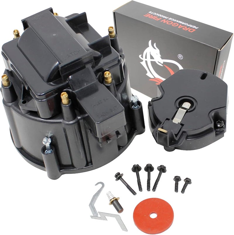 AIP Electronics DRAGON FIRE PERFORMANCE BLACK HEI Distributor Cap and Rotor Set With Brass Terminals Complete With Coil Cover Compatible with All V6 / I6 / 6 Cylinder Engines With HEI Oem Fit CAP1030-BLK - Image 1